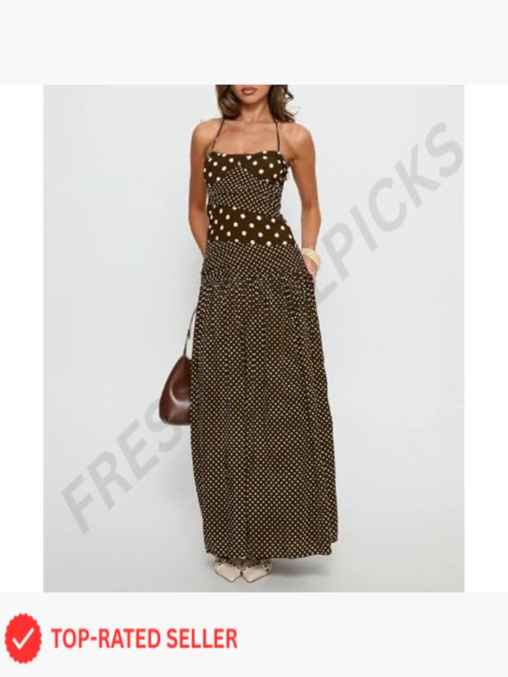 Polka Dot Halter Maxi Dress Flowy Backless Party Vacation Wear Sleeveless - Picture 2 of 6